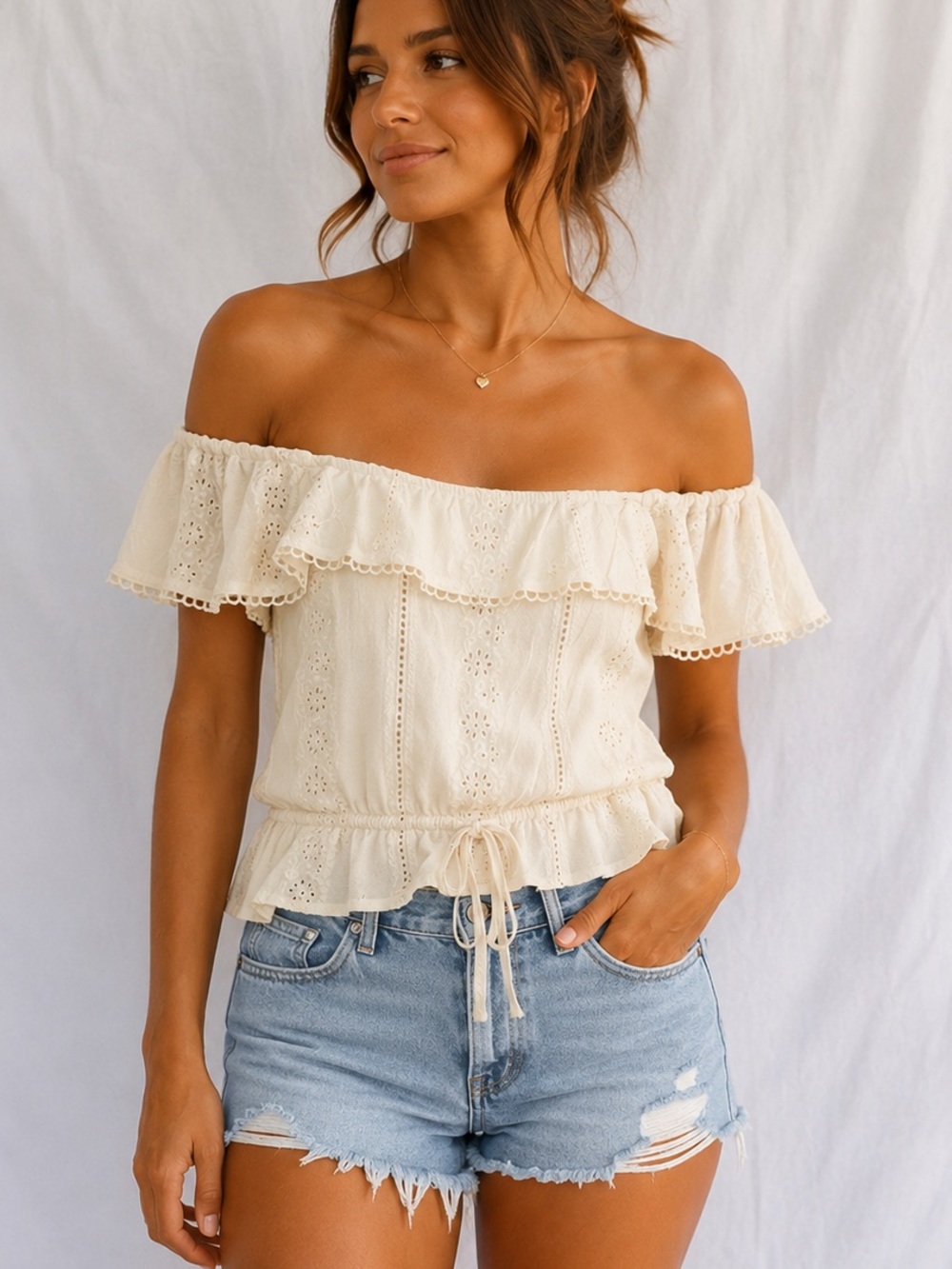 Off-Shoulder Eyelet Drawstring Top in Cream